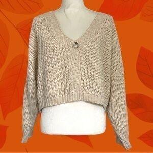 Lulus Women's Beige Knit V-Neck Button Cardigan Sweater - Size Large